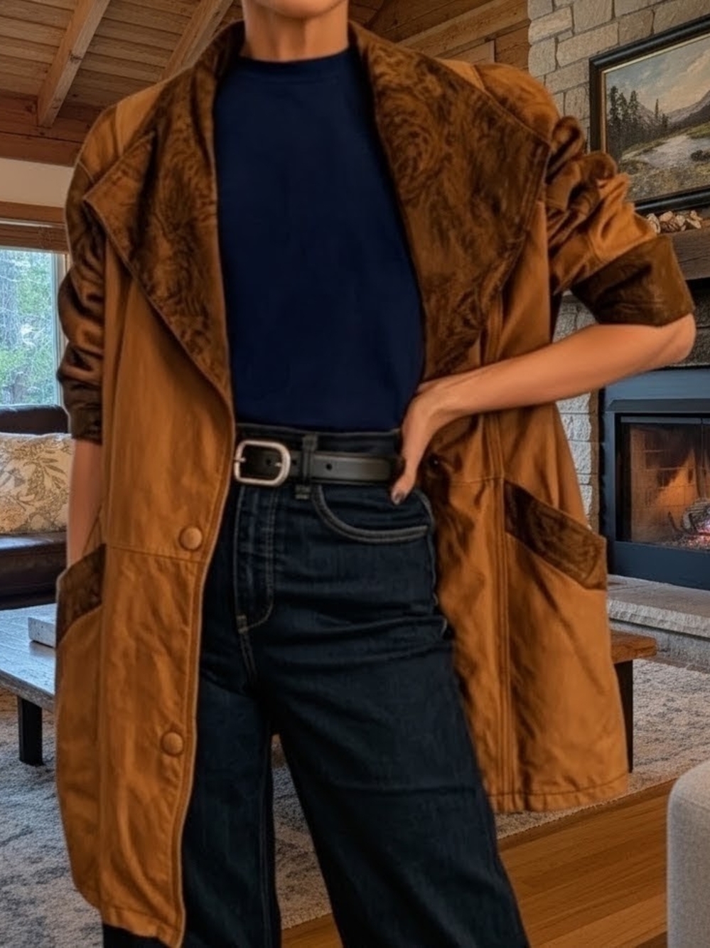 RARE Vintage 80s Wilsons Leather Insulated Suede & Embossed Western Coat Size XL - Picture 2 of 12